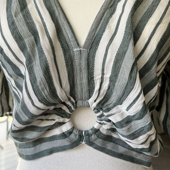 Boho Striped Crop Top Women’s Ring Front V-Neck Y2K Cottagecore Festival Blouse - Picture 2 of 12